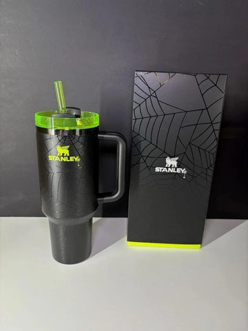 Stanley 40 oz Spider Web Glow FlowState Quencher Tumbler with Handle & Straw – Black/Neon Green Limited Edition