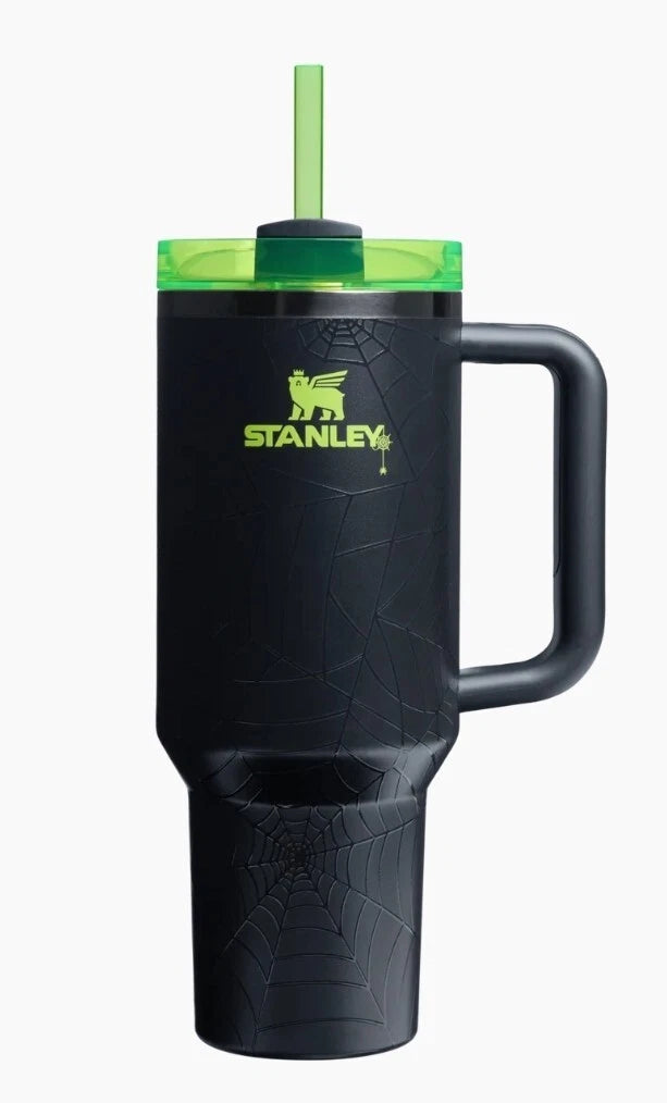 Stanley 40 oz Spider Web Glow FlowState Quencher Tumbler with Handle & Straw – Black/Neon Green Limited Edition