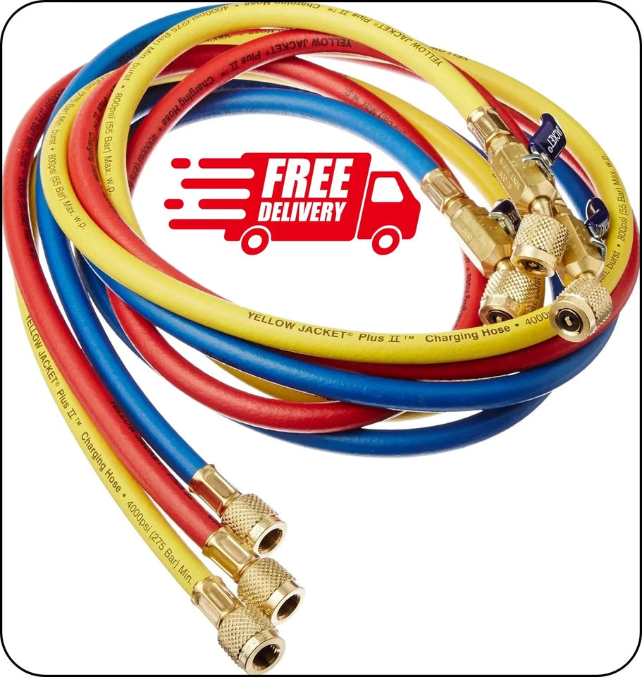 HVAC Refrigerant Charging Hose Set 60" 1/4" SAE – Red, Blue & Yellow 3-Piece